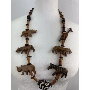 ✅VTG Handmade Wooden Animal Safari Style Necklace Zoo Boho, Folk,Tanzania, Zebra